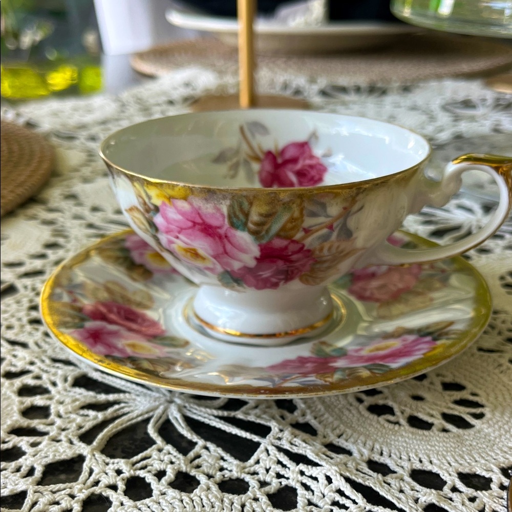 Vintage Shafford, lush roses, hand painted gold trim collectible teacup & saucer